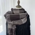 Chic brown houndstooth winter scarf for women, thick long cozy plaid shawl for cold weather. - Brown