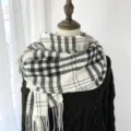 Classic black and white plaid scarf for women and men, soft imitation cashmere warm winter shawl. - White
