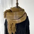 Écharpe d'hiver à carreaux moutarde pour femme, châle à franges chaud et très épais. - G-HY46 jaune