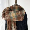 Écharpe à carreaux en faux cachemire chaud d'hiver avec franges, foulard épais pour femme. - Café