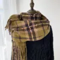 Cozy plaid imitation cashmere winter scarf for women, warm Korean style tassel shawl green brown - Green