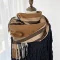 Women winter imitation cashmere plaid fringe scarf brown warm stylish cozy neck wrap scarf - Camel