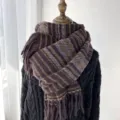 Écharpe à franges chaude automne hiver, châle en tricot imitation cachemire à rayures. - Mélange violet et café