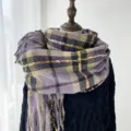 Women winter cashmere feel plaid tassel scarf warm thick fashion neck wrap purple yellow - Purple