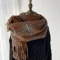 Cozy brown plaid winter scarf for women, featuring warm tassel design and soft thick fabric. - G-HY46 Camel