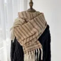 Cozy brown striped winter scarf with fringe, thick cashmere-feel shawl for women style. - Khaki