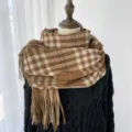 Brown Plaid Scarf Autumn Winter Cashmere Feel Neckerchief Tassel Warm Shawl Variant - Camel