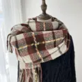 Cozy winter plaid scarf for women, thick warm imitation cashmere shawl with elegant fringe design. - Red