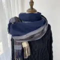 Stylish women's plaid scarf soft cashmere feel winter warm tassel wrap elegant casual accessory - Navy Blue
