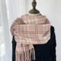 Pink plaid cashmere-feel scarf for women and men, cozy winter tartan tassel warm wrap shawl - Pink
