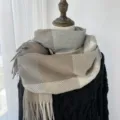 Écharpe à franges à carreaux épaisse pour femme, classique gris marron hiver chaud foulard - G-HY51 café clair