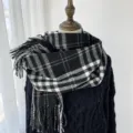 Classic black and white plaid scarf, autumn winter imitation cashmere warm shawl for women. - Black