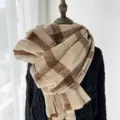 Cozy winter plaid scarf in beige and brown, thick warm long shawl for women and couples. - Khaki
