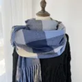 Blue grey plaid winter scarf for women, warm thick long tassel scarf, casual cozy fashion neck wrap. - G-HY51 Blue