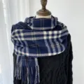 Blue plaid imitation cashmere scarf winter warm cozy tassel shawl for women and men - Navy Blue