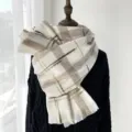 Winter plaid scarf for women, thick warm long shawl, vintage cozy winter neck wrap apparel. - White