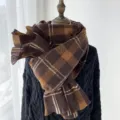 Brown plaid winter scarf, thick warm knitted tassel scarf for women, cozy retro daily wear. - Coffee