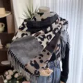 Femme automne hiver imitation cachemire bloc de couleur leoparde frange echarpe chale - 13-YHP Gris foncé