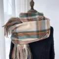 Écharpe à carreaux d'hiver femme, élégant châle imitation cachemire à franges et foulard. - Blanc Cassé