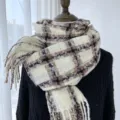 Classic plaid winter scarf for women and men, cozy tassel design in cream, brown, black. - G-HY84 White