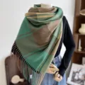 Green Brown Plaid Tassel Imitation Cashmere Scarf Autumn Winter Warm Women Shawl - G-HY64 Green