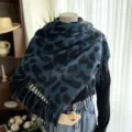 Blue and black leopard print imitation cashmere scarf with fringe, stylish winter warm shawl. - Blue