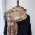 Écharpe à carreaux et franges imitation cachemire pour femmes, mode d'hiver chaude. - G-HY59 café