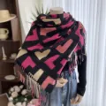 Geometric Pattern Fringe Winter Scarf Pink Black Warm Cashmere Feel Shawl for Women - 22-YHP Black-Red