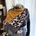 Cozy color-block leopard print imitation cashmere scarf with stylish fringe trim for women. - 13-YHP Yellow