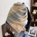 Women's autumn winter plaid tassel imitation cashmere scarf fashion warm shawl neck wrap - G-HY64 Khaki