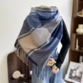 Plaid tassel imitation cashmere scarf, warm winter neck wrap in blue, grey and beige. - G-HY64 Blue