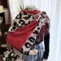 Women's autumn winter cashmere-feel color block leopard print tassel scarf warm shawl wrap - 13-YHP Red