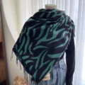 Black and teal striped imitation cashmere scarf with fringe, warm autumn winter shawl. - Green