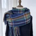 Écharpe à carreaux d'hiver avec franges rétro imitation cachemire châle chaud pour femmes - Bleu foncé