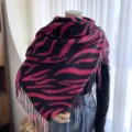 Women autumn winter pink black zebra print fringe imitation cashmere scarf warm shawl wrap - Rose Red