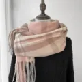 Women Pink Plaid Imitation Cashmere Scarf Winter Warm Tassel Check Shawl Scarf Variant - G-HY59 Light Pink