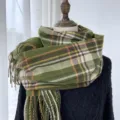 Classic green plaid winter scarf with cozy tassels, soft woolen feel fashion neck warmer. - Green