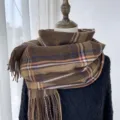 Winter brown plaid scarf for women, vintage imitation cashmere tassel shawl with warm design. - Coffee
