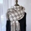 Classic houndstooth winter scarf for women, warm beige tassel fringe knit neck wrap. - Light Coffee / 70-180CM