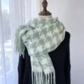 Green white houndstooth scarf women warm soft cashmere feel tassel winter neck warmer shawl - Green / 70-180CM