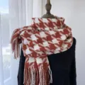 Red white houndstooth tassel scarf, women warm thick imitation cashmere winter neck wrap. - Orange Red / 70-180CM