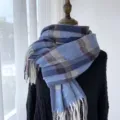 Écharpe à carreaux bleus effet cachemire pour femme, châle chaud à franges et tour de cou. - G-HY145 bleu