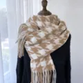 Classic houndstooth winter scarf for women, soft faux cashmere tassel warm neck wrap. - Khaki / 70-180CM