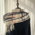Femme Classique Élégante Écharpe À Carreaux Automne Hiver Châle Chaud À Franges Doux - Blanc