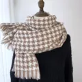 Classic brown houndstooth winter scarf for women, warm cozy imitation cashmere with fringe. - Coffee