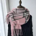 Femme automne hiver rose carreaux imitation cachemire écharpe châle chaude avec franges - Rose