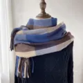 Écharpe carreaux bleu marron effet cachemire hiver chaud rétro franges châle foulard - G-HY37 bleu
