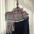 Grey plaid winter scarf for women, warm imitation cashmere shawl with classic tassels. - Gray