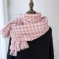 Pink and white houndstooth winter scarf for women, cozy warm tassel cashmere feel wrap shawl. - Pink