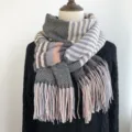 Écharpe d'hiver à carreaux avec franges, douce étole en imitation cachemire pour femmes. - Noir